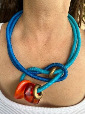 Blue & Teal Double-Rope Necklace with Orange Glass Charms